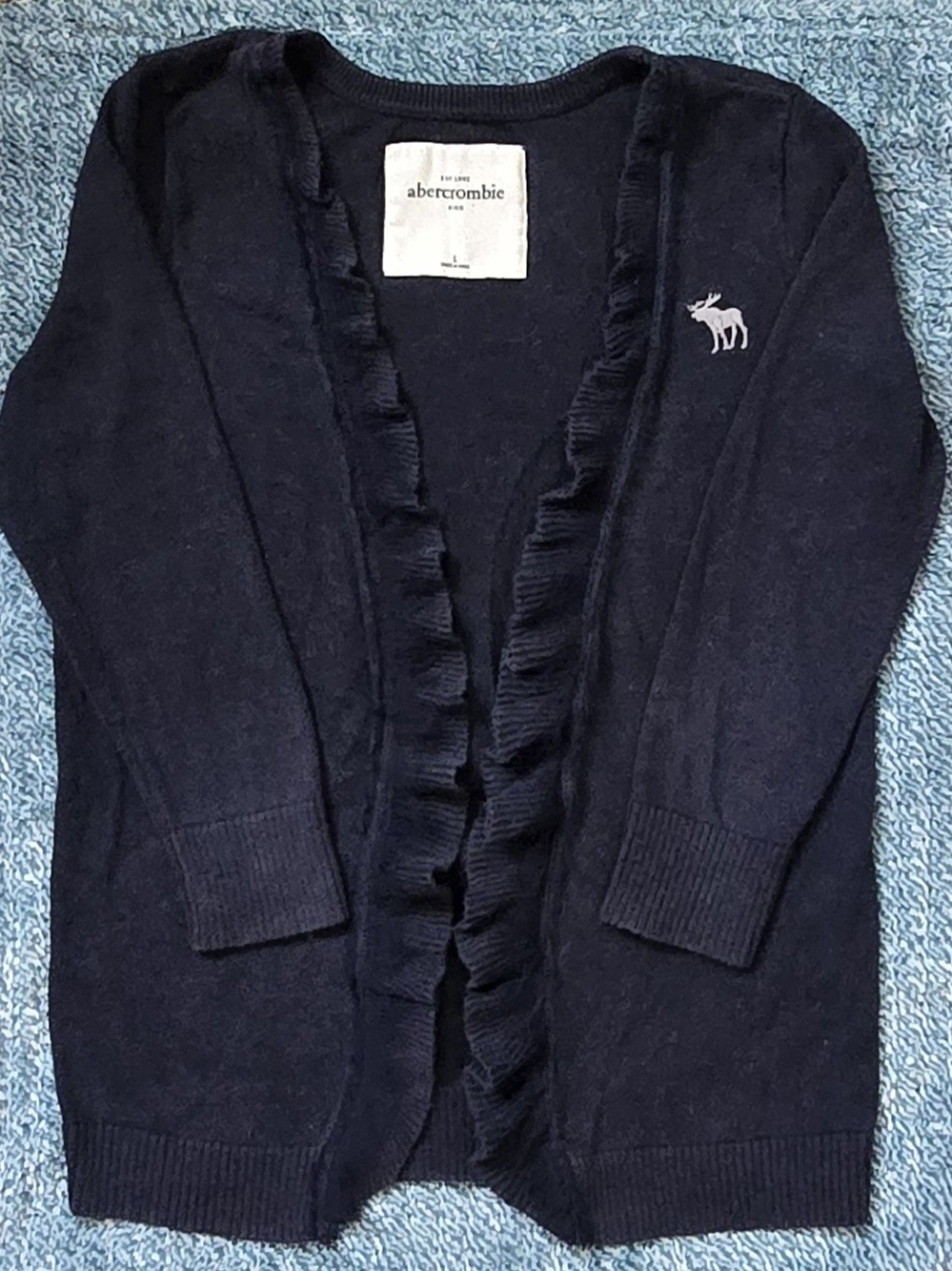 Y2K kids Large Abercrombie & Fitch Navy Open-Front Ruffle Cardigan Sweater